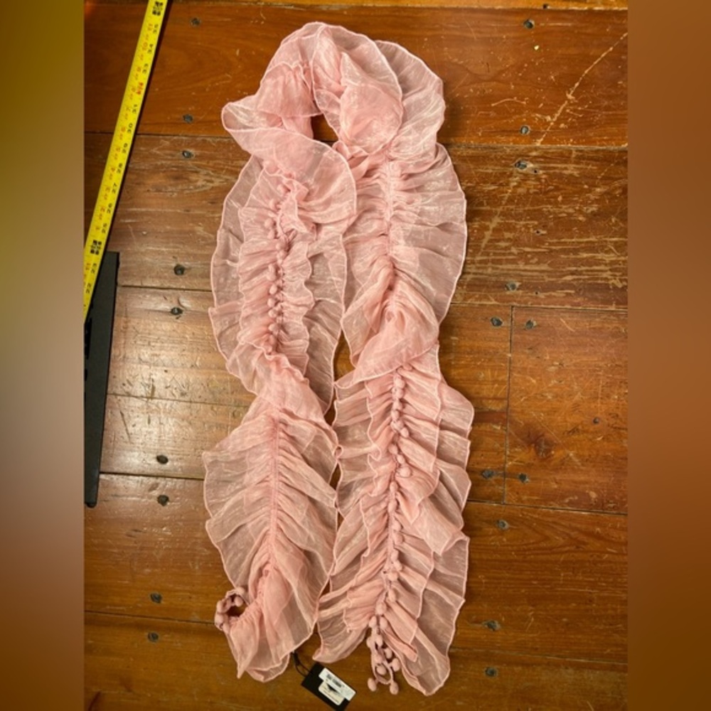NWT, Light Pink‎ Scarf with Pom Poms, measures 76” x 6.5”